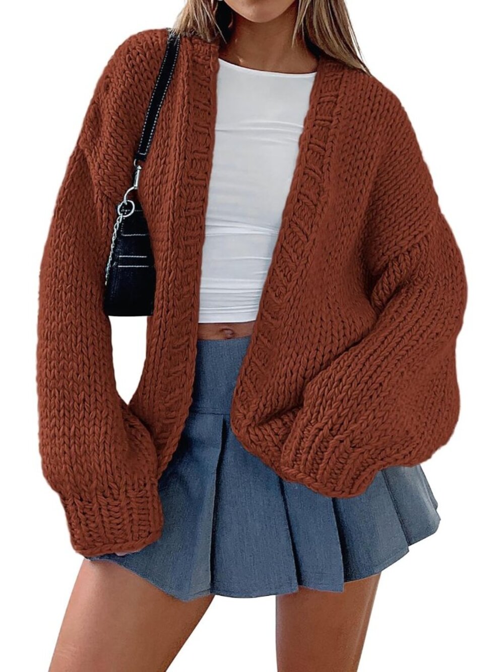 Women's Brown Red Chunky Knit Oversized Open Front Cozy Cardigan Sweater